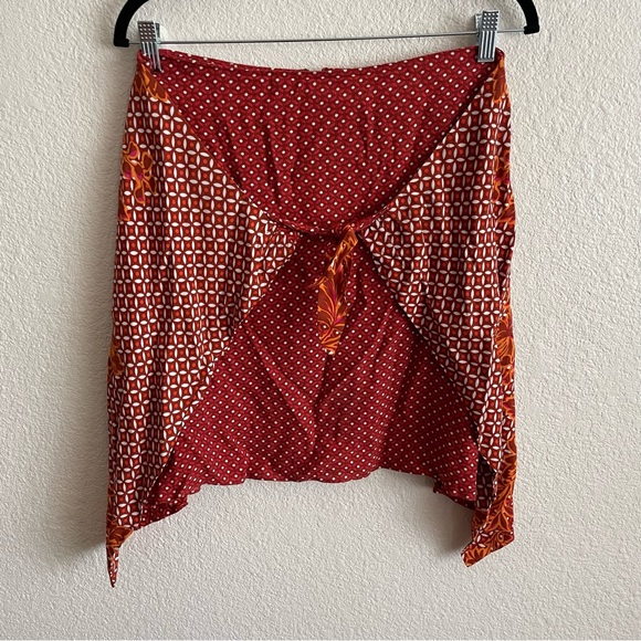 Maeve Anthropologie Red Orange Tie Front Mixed Pattern Skirt - Picture 2 of 8